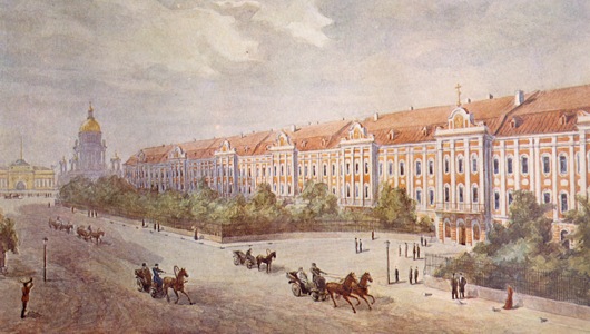 Здание С.-Петербургского университета. В этом здании учился в Главном педагогическом институте (1850-1855), преподавал (1857-1890) и жил (1866-1890) Д.И. Менделеев.