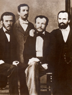 Молодые ученые. В середине А.П. Бородин и Д.И. Менделеев